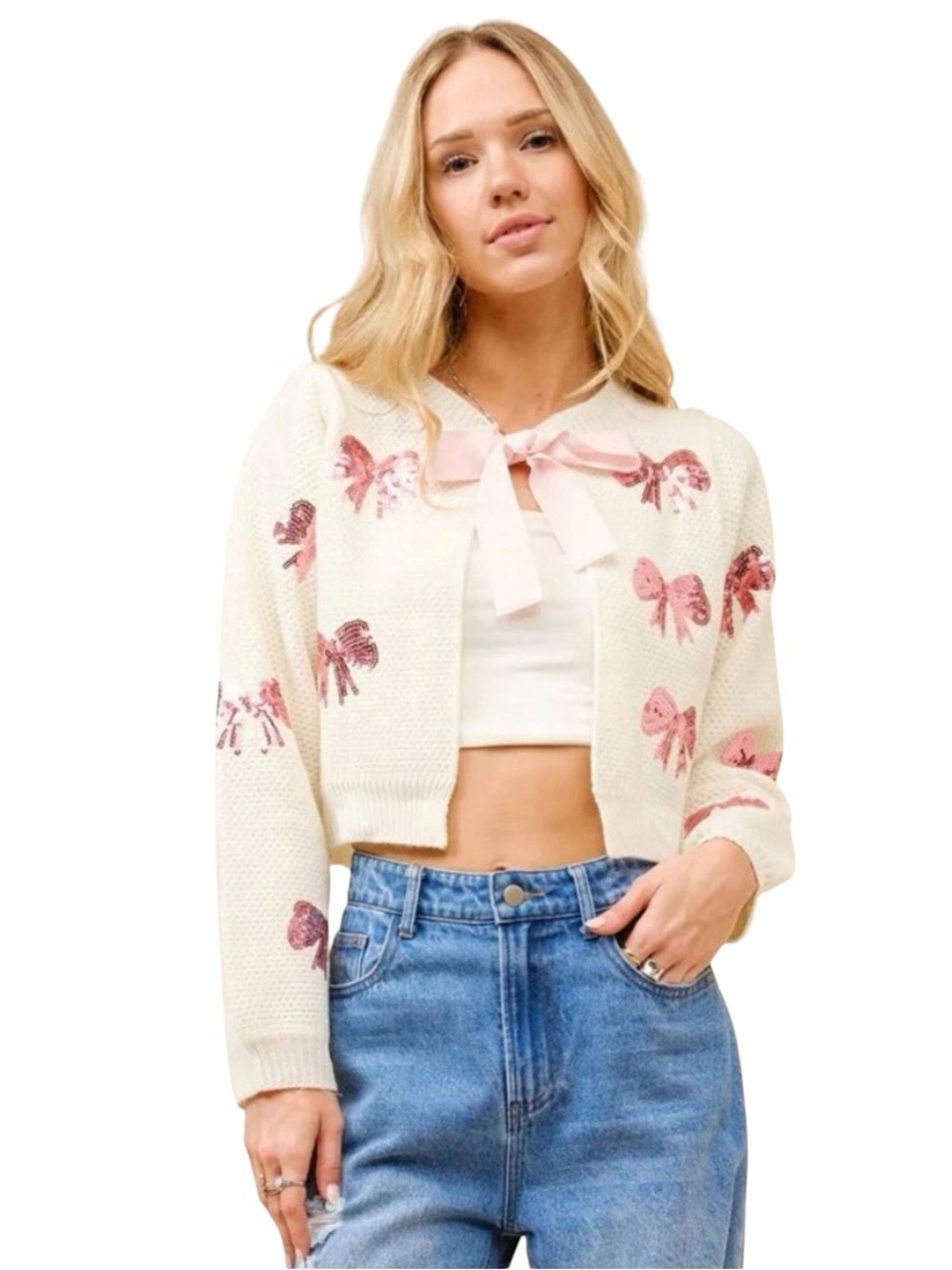 New blue b Light Pink Allover Sequin Bow Open Front Cream Cardigan Sweater